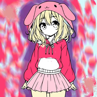 pretty anime girl wearing a fluffy hoodie with bunny ears on the hood and a skirt