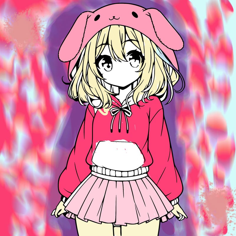 pretty anime girl wearing a fluffy hoodie with bunny ears on the hood and a skirt