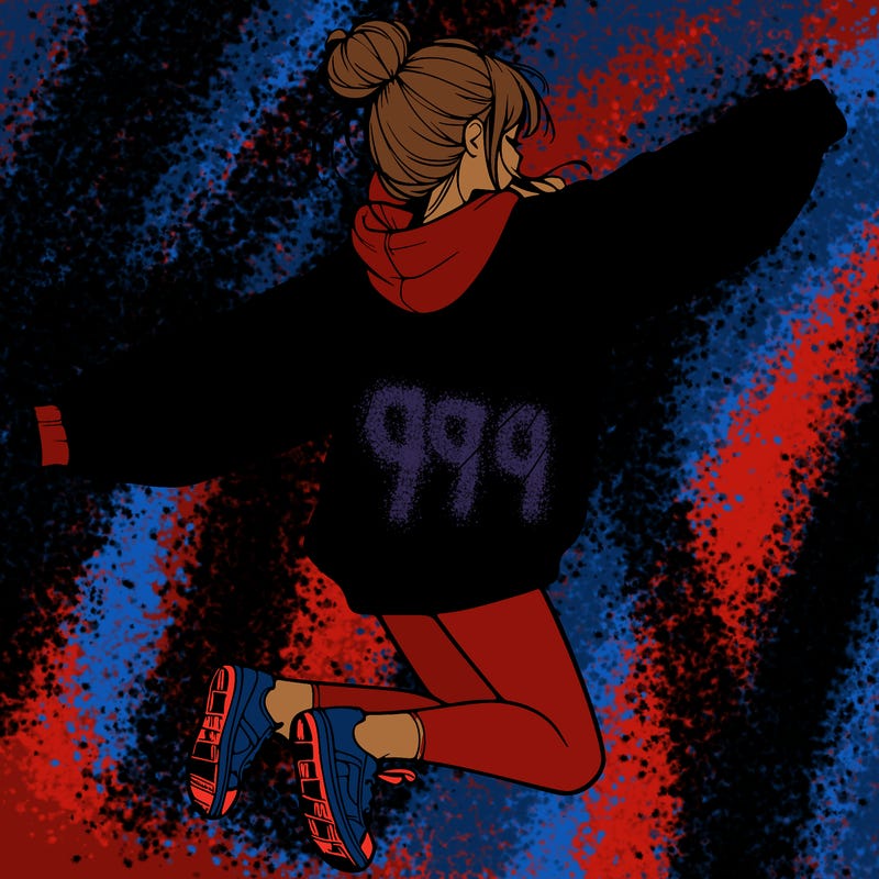 realistic girl jumping with a bun and oversized sweatshirt