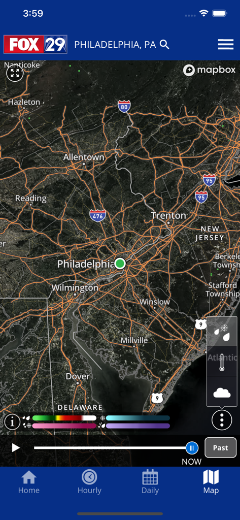 FOX 29 Philadelphia: Weather - Screenshot of the FOX 29 Philadelphia Weather app showing an interactive radar map of the Philadelphia and Delaware Valley region with major road networks.