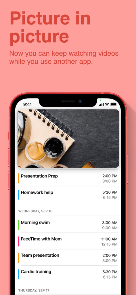 Drawing Anime Step by Step - An iPhone screen demonstrating the picture in picture feature showing a drawing tutorial video overlaying a calendar app.