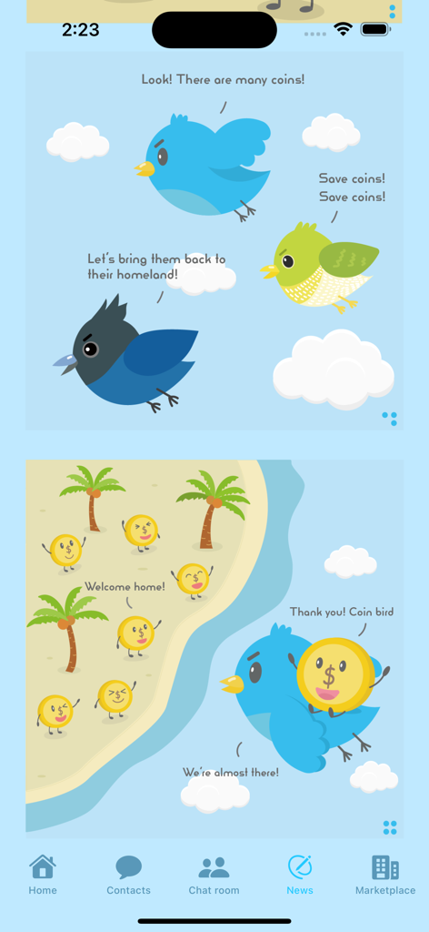 Coin birds - Cartoon birds carrying currency coins in a travel app interface for peer to peer exchange