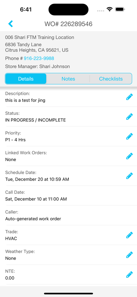 Work order details screen in the ServiceChannel Provider app showing job status priority and trade information for an HVAC technician