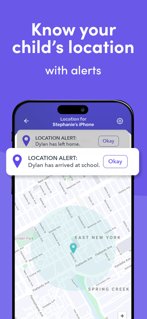 Canopy app screen showing a map with real-time location alerts for a child arriving at school