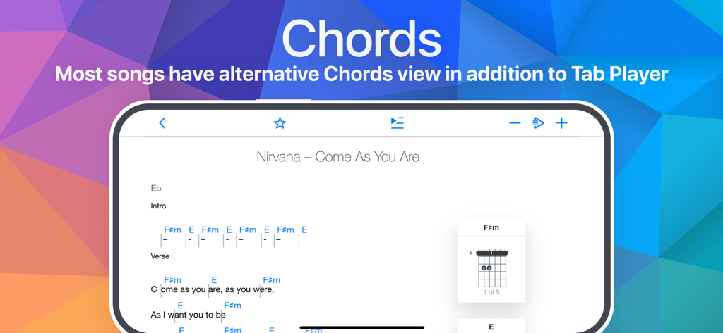 Songsterr Tabs & Chords - Songsterr mobile app displaying Nirvana guitar chords with diagrams and lyrics