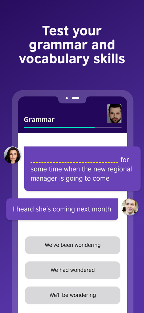 Interfaccia di un'app mobile per testare le competenze di grammatica e vocabolario inglese