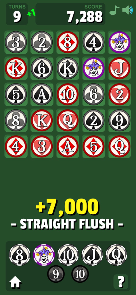 Royal Flush Game - Tela de jogabilidade do Royal Flush Game mostrando um bônus de pontuação de sequência reta e uma grade de cartas de poker