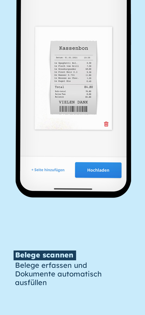 sevDesk - Un smartphone affichant l'application sevDesk scannant un reçu papier pour extraction automatique des données.