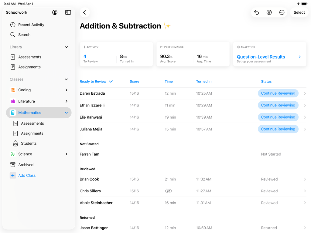 教師用ダッシュボードで、数学の課題に対する生徒のスコアと進捗状況を表示するSchoolworkアプリ。
