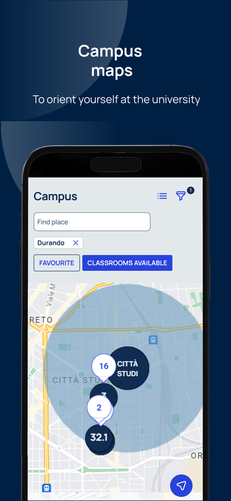 Polimi App - A mobile interface of the Polimi App showing an interactive campus map with university building locations in Milan