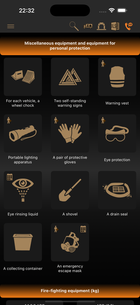 ADR Tool 2025 Dangerous Goods - ADR Tool 2025 app interface showing mandatory personal protection and safety equipment icons