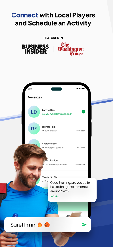 ConnectPlayers: Find Chat Play - ConnectPlayers app screenshot showing real-time chat for scheduling local sports matches like basketball