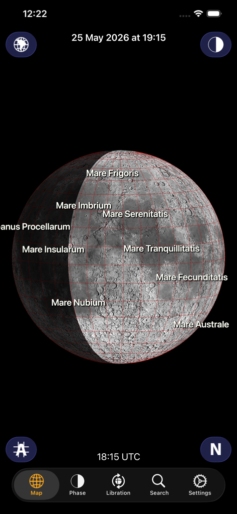 Moon Atlas - クレーターと海の名前が付いた月の3D地球儀が表示されているムーンアトラスアプリのインターフェース