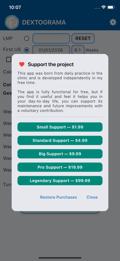 Dextograma - Pantalla de soporte de la aplicación Dextograma que muestra opciones de donación para el proyecto de la calculadora de embarazo.