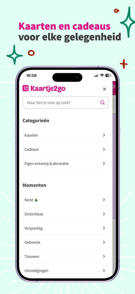 Oberfläche der Kaartje2go-Mobil-App, die Karten- und Geschenkkategorien für verschiedene Anlässe zeigt