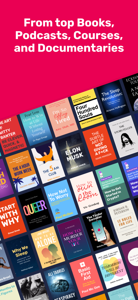 Una cuadrícula de portadas de libros y podcasts populares de no ficción de la biblioteca de la aplicación Uptime