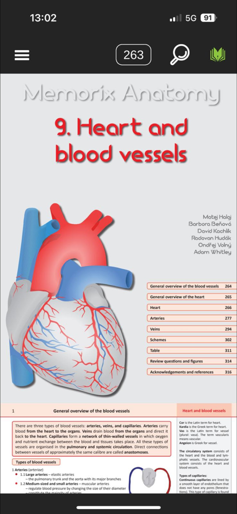 Anatomical illustration and study material for the heart and blood vessels in the Memorix Anatomy app
