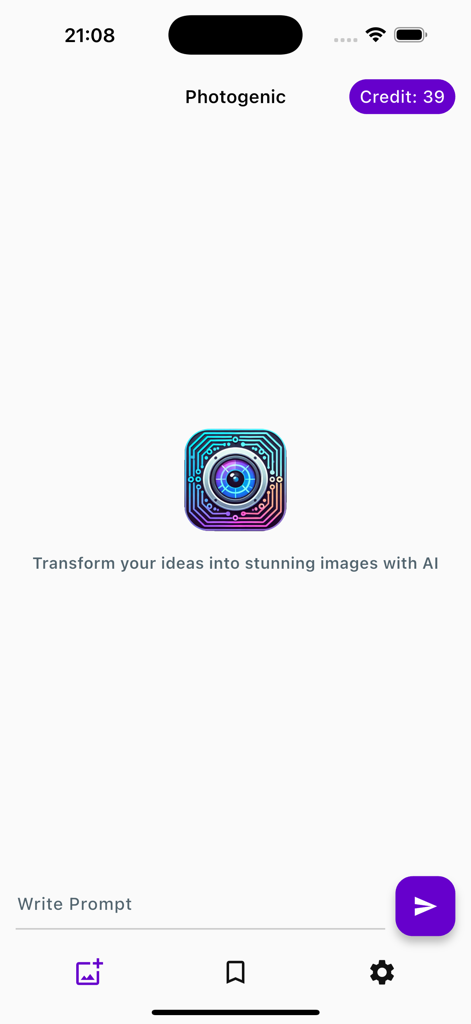 Photogenic - Photogenic app home screen featuring a text prompt input and AI image generation tagline