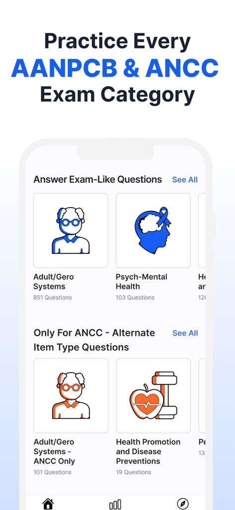 FNP Exam Mastery | Prep 2026 - Mobile app interface showing various practice question categories for AANPCB and ANCC nurse practitioner exams
