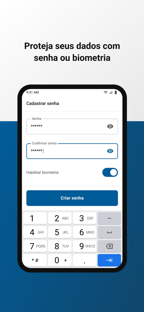 Carteira Digital de Enfermagem - パスワード作成と生体認証を有効にするための、看護デジタルIDアプリのセキュリティ設定画面