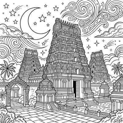 Embark on a spiritual coloring journey with this stunning page featuring majestic Hindu temples against a mystical night sky. Explore the intricate details of gopurams, stars, and clouds as you bring this serene scene to life.