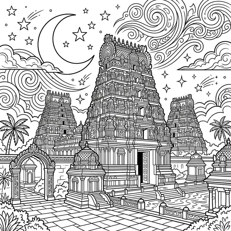 Embark on a spiritual coloring journey with this stunning page featuring majestic Hindu temples against a mystical night sky. Explore the intricate details of gopurams, stars, and clouds as you bring this serene scene to life.