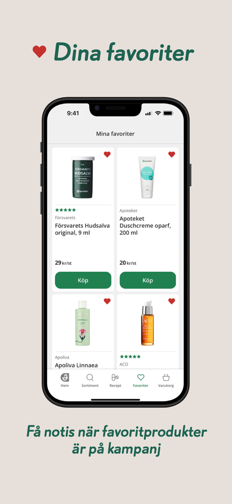 Apoteket - The favorites screen of the Apoteket app displaying skincare and health products with a message about sale notifications.
