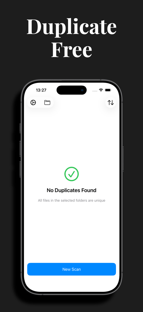 Zero Duplicates Mobile - iPhone screen showing a successful scan with no duplicate files found in the Zero Duplicates Mobile app