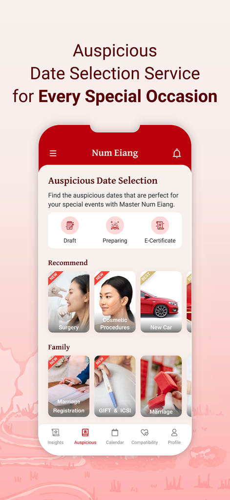 Num Eiang app interface showing auspicious date selection options for life events like surgery, car buying, and marriage.