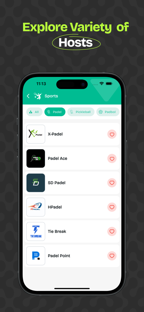 Spark Entertainment - Spark Entertainment app screen displaying a list of sports hosts for padel and pickleball bookings