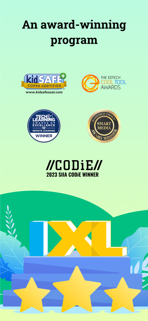 IXL learning app awards and safety certifications including kidSAFE and CODiE winner badges