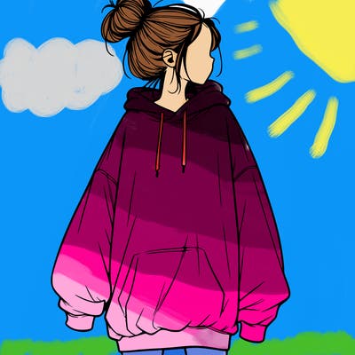 realistic girl with a oversized sweatshirt on and a bun