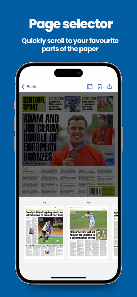 Stoke Sentinel-App-Seitenwähler-Oberfläche, die einen digitalen Zeitungs-Sportteil mit Artikel-Thumbnails zeigt.
