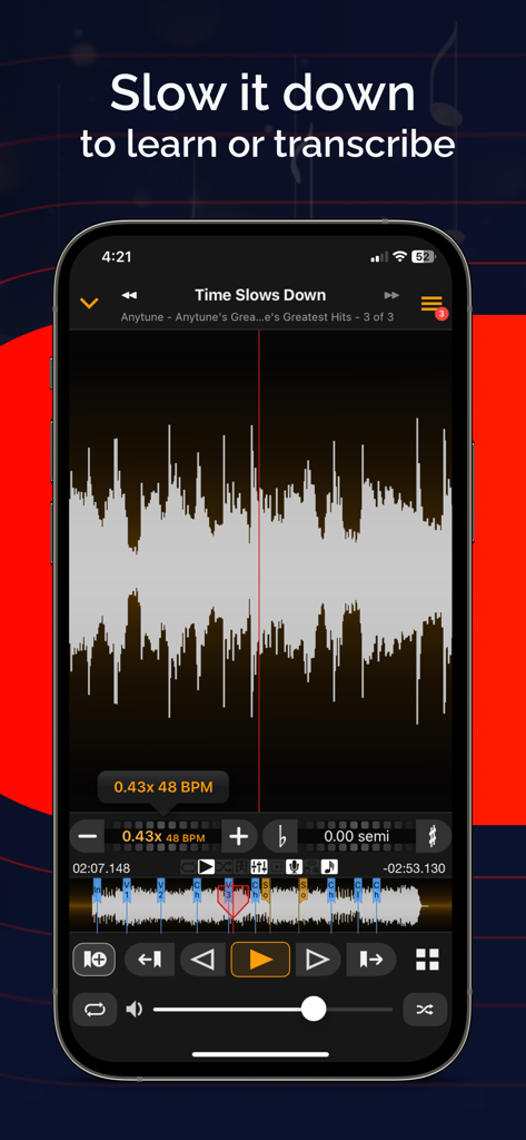 Anytune Pro: Music Trainer  - Anytune Pro app interface showing a song waveform slowed down to 0.43x for music transcription and practice.
