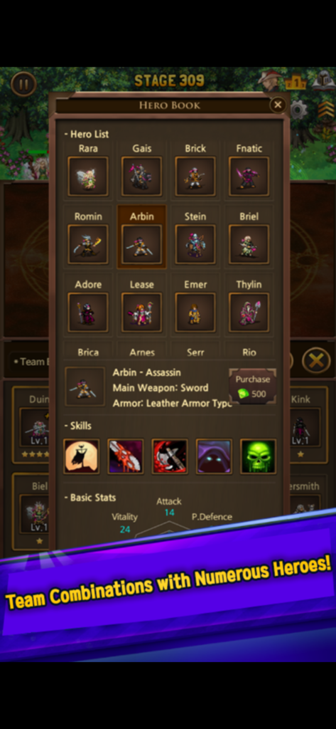 Everybody's RPG - Hero Book menu in Everybodys RPG showing a collection of pixel art characters and stats