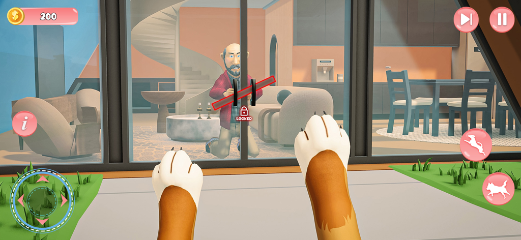 Vista en primera persona de patas de cachorro mirando a través de una puerta de cristal a un dueño en Mi Simulador de Perros: Juego de Cachorros