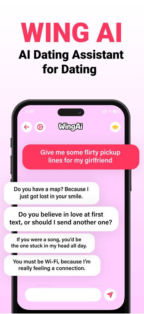 Wing AI app interface displaying generated flirty pickup lines for a conversation