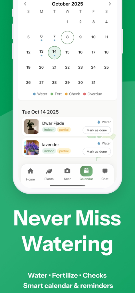 Plantory-Handy-App-Bildschirm mit einem monatlichen Pflanzenpflegekalender und einer täglichen Liste von Bewässerungsaufgaben