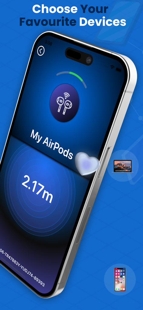 Bluetooth Scanner IO - Pantalla de la aplicación Bluetooth Scanner IO que muestra el seguimiento de distancia para AirPods favoritos