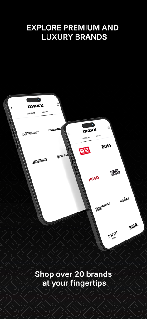 Interfaz de la app Maxx Group que muestra una selección de más de 20 marcas de moda premium y de lujo.