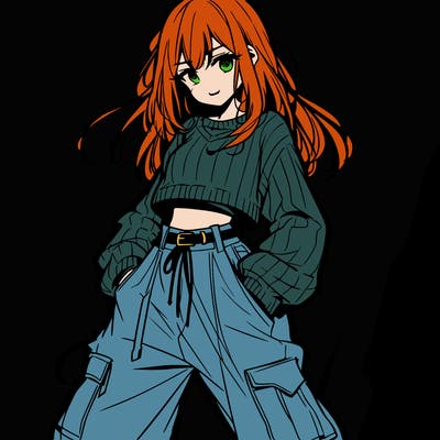 anime teen girl with baggy pants and crop top with sweater