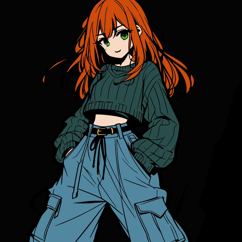 anime teen girl with baggy pants and crop top with sweater