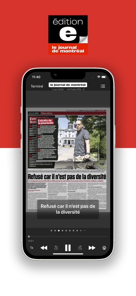 Interface pour smartphone de l'application Journal de Montréal E-Edition affichant un article de journal numérique