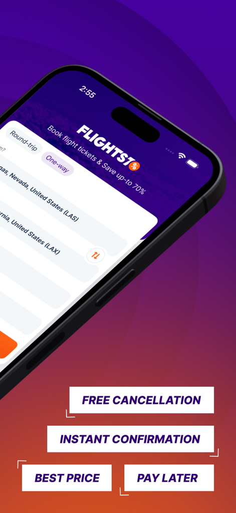 Cheap Flights・Flights70 - Flights70 mobile app interface for searching and booking cheap flight tickets with free cancellation and best price features