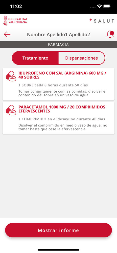 GVA +Salut app interface showing a list of active medical treatments including Ibuprofen and Paracetamol with dosage instructions.