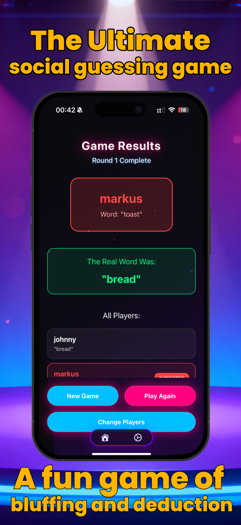 Écran de résultats du jeu Imposter Who montrant l'imposteur révélé et le mot correct dans un jeu de déduction sociale.