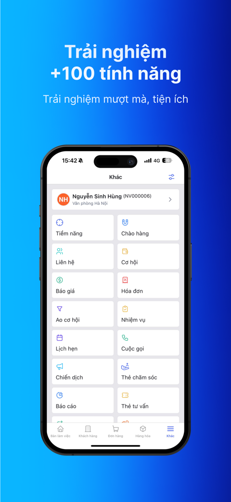 AMIS CRM 2 - Interfaz móvil de AMIS CRM 2 que muestra una cuadrícula de módulos de gestión de ventas que incluyen prospectos, contactos e informes.