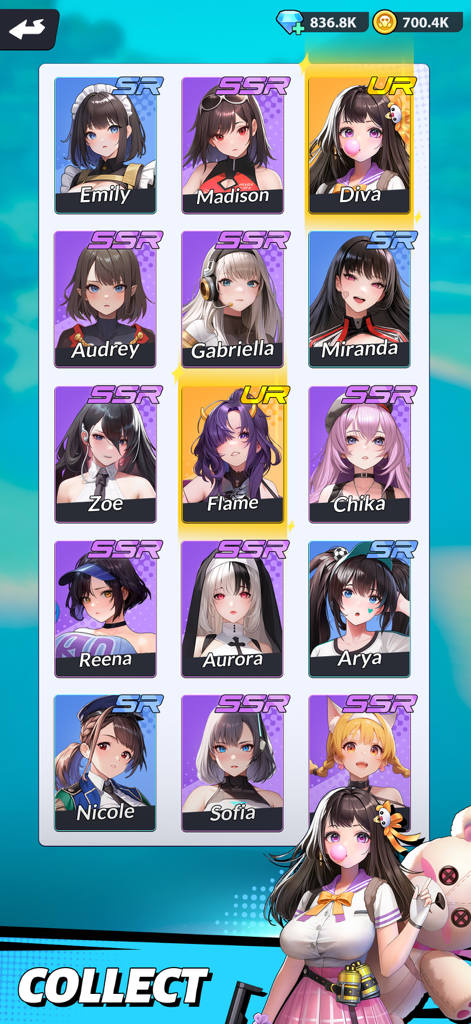 Run! Goddess - A character roster screen from the Run Goddess mobile game displaying a grid of anime goddess characters with different rarity rankings.