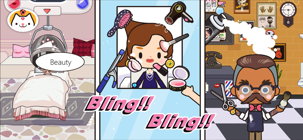 Characters getting hair and beauty makeovers in the Miga Town My Store salon