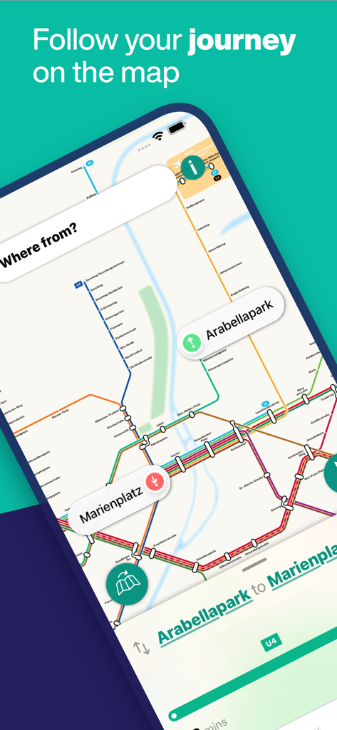 Captura de pantalla de la aplicación Munich Metro mostrando una ruta de transporte de Arabellapark a Marienplatz en un mapa digital.